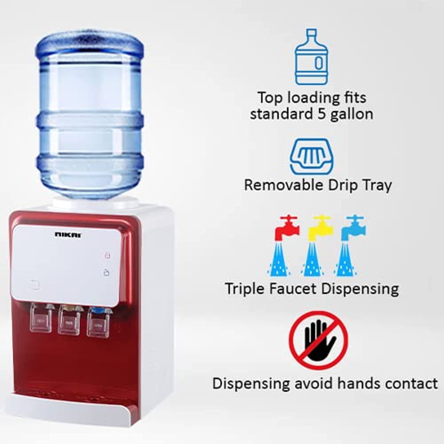Nikai Top Loading Water Dispenser, 3 Tap Design: Hot, Normal, Cold, High-Efficiency Compressor Cooling, CFC-Free, Anti-Bacterial, Anti-Spill Nikai Top Loading Water Dispenser, 3 Tap Design: Hot, Normal, Cold, High-Efficiency Compressor Cooling, CFC-Free, Anti-Bacterial, Anti-Spill